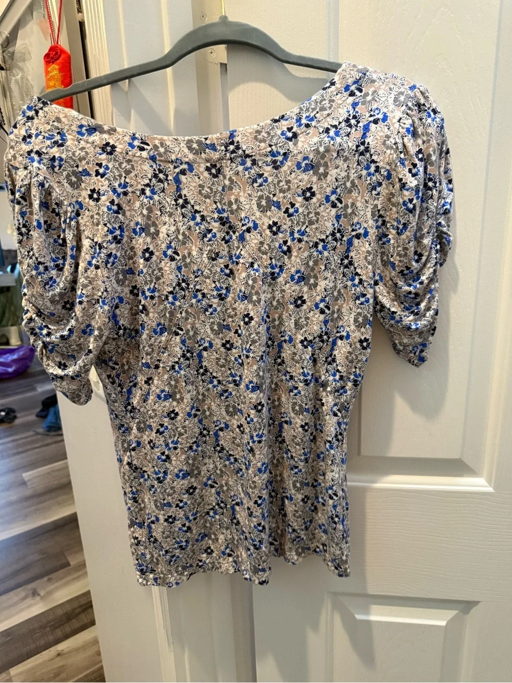 Free People Blue Floral V-Neck Puff Sleeve Blouse